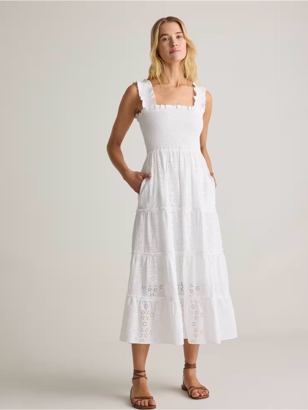 Quince White Eyelet Ruffle Strap Maxi Dress